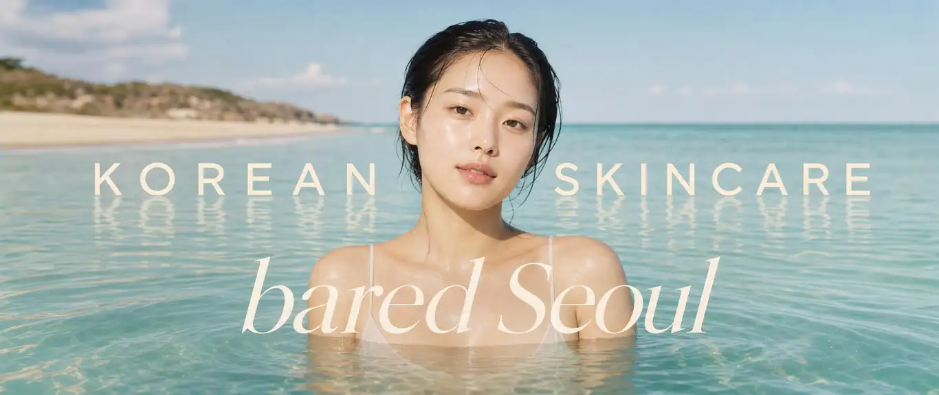 Korean skincare, bared Seoul — a woman with glass skin in clear coastal water